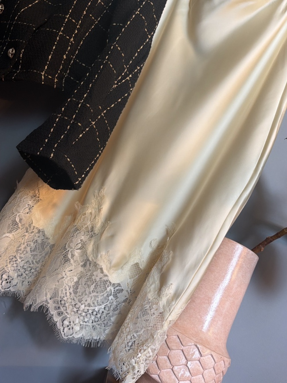 Silk Lace-Trim Midi Skirt in Cream